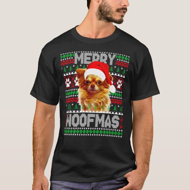 Merry Woofmas Niedlich Long Coat Chihuahua Dog Ugl T-Shirt (Vorderseite)