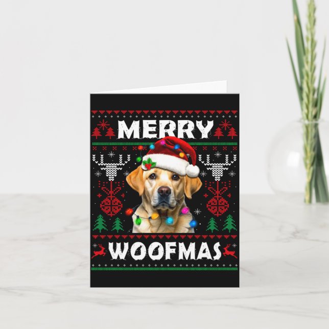 Merry Woofmas Yellow Labrador Christmas Ugly Sweat Karte (Vorderseite)