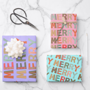MERRY Words funky Wrapping Paper Geschenkpapier Set
