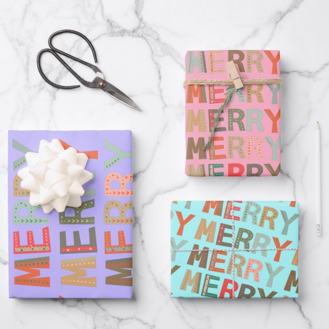 MERRY Words funky Wrapping Paper Geschenkpapier Set (Vorderseite)