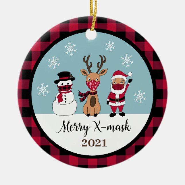 Merry X-Mask Funny Buffalo Karierter Karo Santa Keramik Ornament (Vorne)