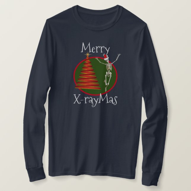 "Merry X-raymas" mit Skeletten in Weihnachtsmannmü T-Shirt (Design vorne)