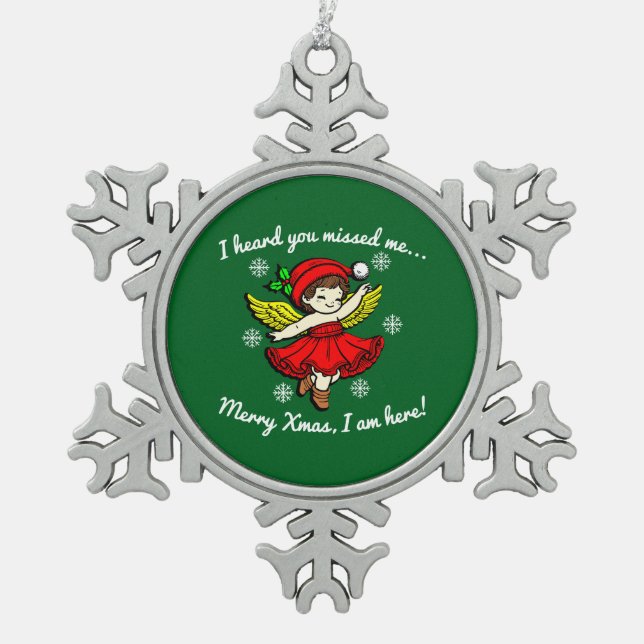 Merry Xmas bin ich hier Schneeflocken Zinn-Ornament (Vorderseite)