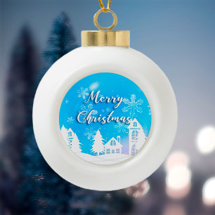 Merry Xmas Blue White House Snow Keramik Kugel-Ornament