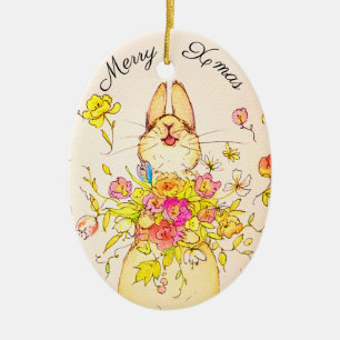 Merry Xmas Blume & Kaninchen Keramik Ornament