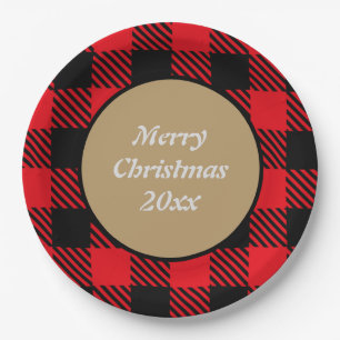 Merry Xmas Custom Buffalo karierte Muster schwarz Pappteller
