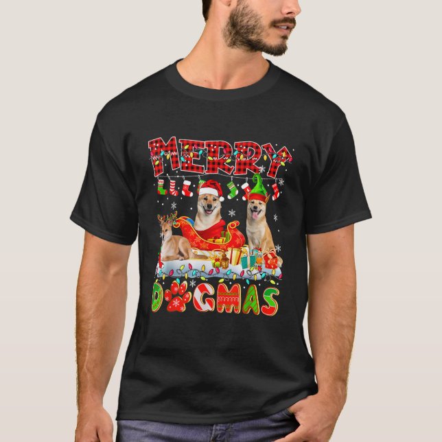 Merry Xmas Dog Three Santa Reindeer Elf Shiba Inus T-Shirt (Vorderseite)