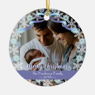 Merry Xmas Familie Foto Name Light Blue Lila Keramik Ornament