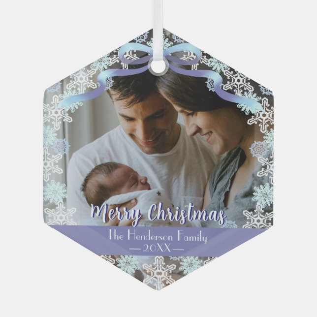 Merry Xmas Familie Foto Name Soft Blue Lila Tone Ornament Aus Glas (Vorderseite)