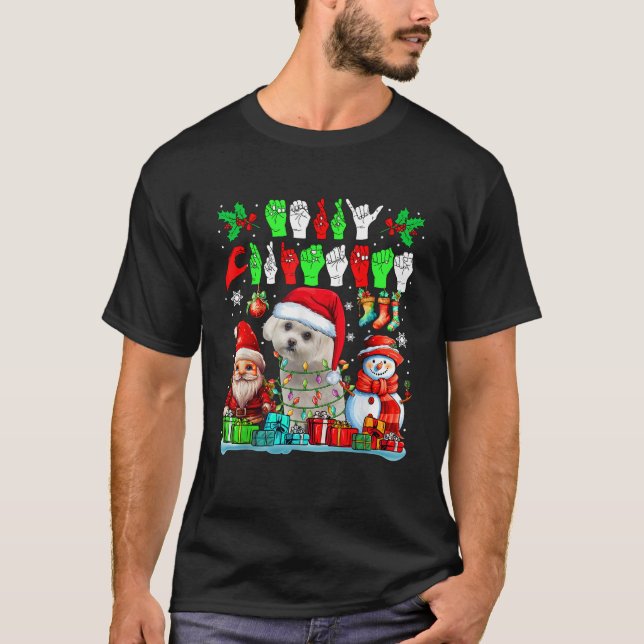 Merry Xmas Hands Sign Language Santa Maltese Gnome T-Shirt (Vorderseite)