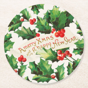 Merry Xmas & Happy New Year Holly  Runder Pappuntersetzer