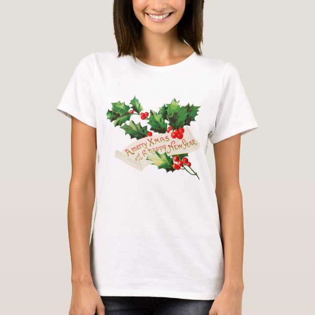 Merry Xmas & Happy New Year Holly T-Shirt (Vorderseite)