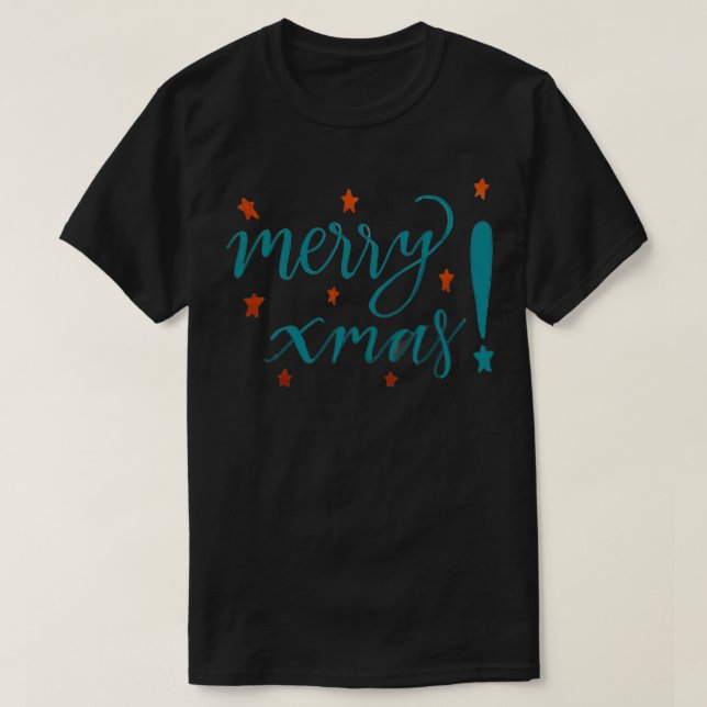 Merry Xmas Kalligrafie mit Sternen T-Shirt (Design vorne)