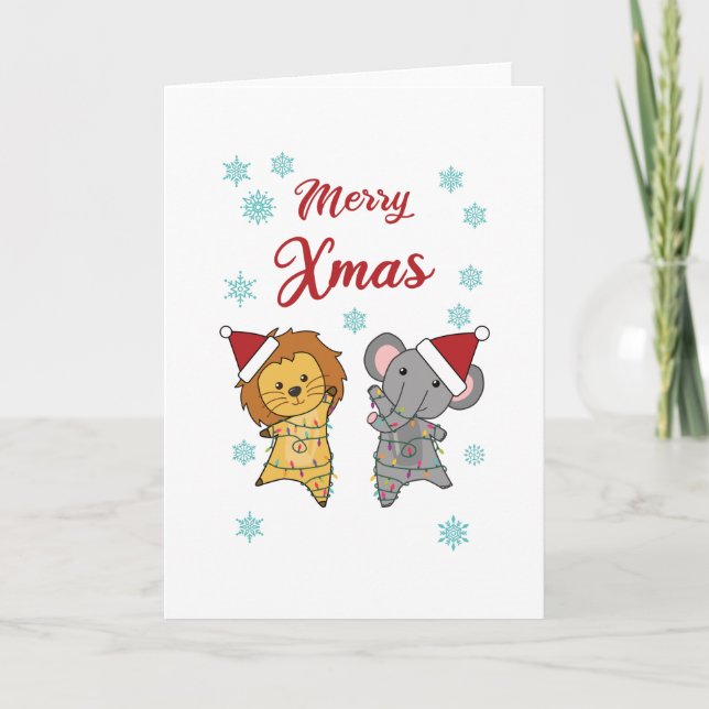Merry Xmas Lion Elfeant Snow Winter Niedlich Karte (Vorderseite)