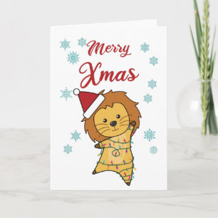 Merry Xmas Lion Snow Big Cat Fairy Lights Karte