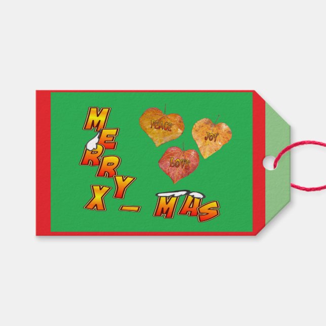 Merry Xmas mit 3 herzförmigen Blätter Rotes Gesche Geschenkanhänger (Vorderseite (Horizontal))