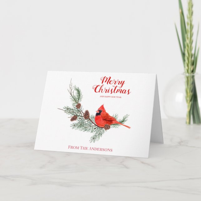 Merry Xmas Monogram Watercolor Pine Kardinal Bird Karte (Vorderseite)