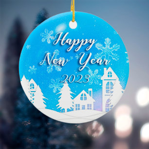Merry Xmas neues Jahr 2023 Blauer Schnee im Weißen Keramik Ornament