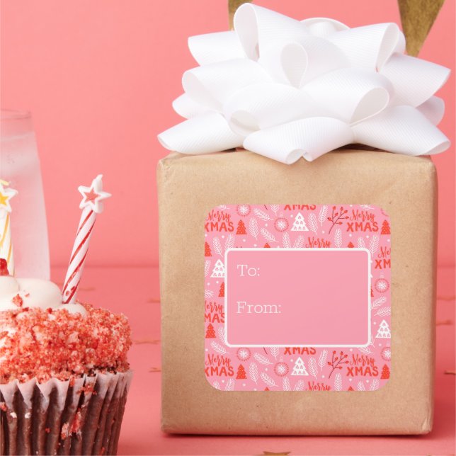 Merry Xmas Niedlich Pink Retro Botanische Weihnach Quadratischer Aufkleber (Party)