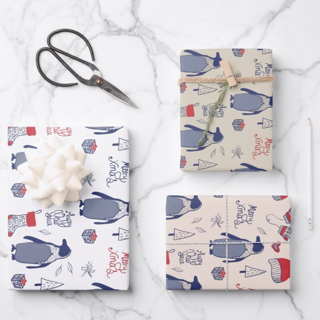 Merry Xmas Penguin Christmas Hats Gloves Muster Geschenkpapier Set (Vorderseite)