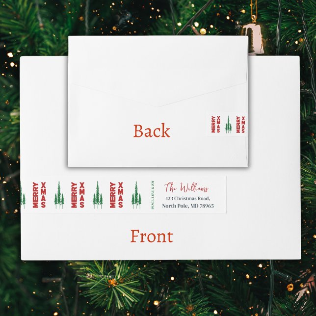 Merry Xmas | Pine Trees Rundum-Adressaufkleber (Elevate your holiday mailings with this eye-catching wrap-around Christmas address label. Order now!)