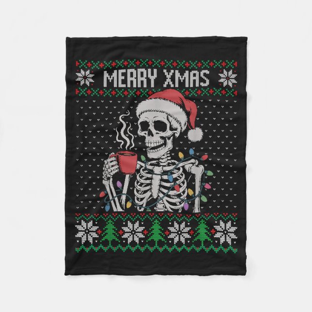 Merry Xmas Skeleton Ugly Sweater, Skull Wearing Sa Fleecedecke (Vorderseite)