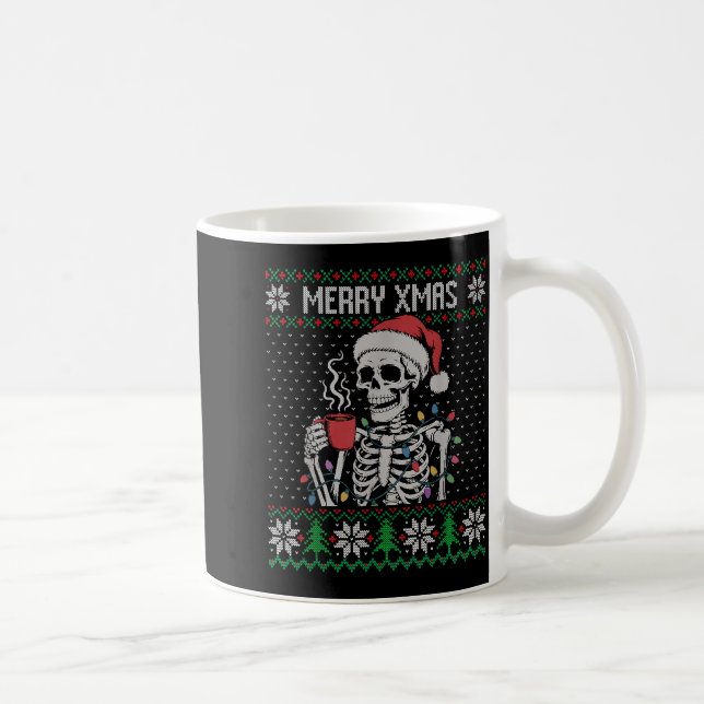 Merry Xmas Skeleton Ugly Sweater, Skull Wearing Sa Kaffeetasse (Rechts)