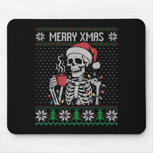 Merry Xmas Skeleton Ugly Sweater, Skull Wearing Sa Mousepad (Vorne)