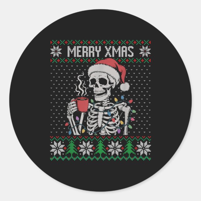 Merry Xmas Skeleton Ugly Sweater, Skull Wearing Sa Runder Aufkleber (Vorderseite)