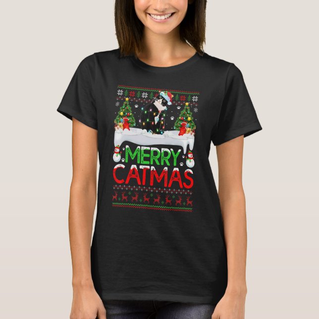 Merry Xmas Tree Lights Santa Ugly Black Cat Christ T-Shirt (Vorderseite)