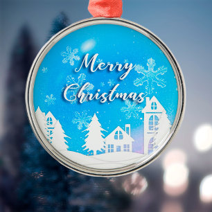 Merry Xmas White House Snow Blue Ornament Aus Metall