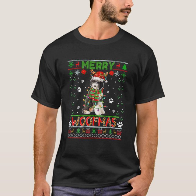 Merry Xmas Woof Sweater Leopard Santa Reindeer Ber T-Shirt (Vorderseite)