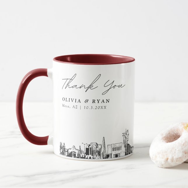 Mesa Skyline Skizze Einfach Individuelle Hochzeits Tasse (Mit Donut)