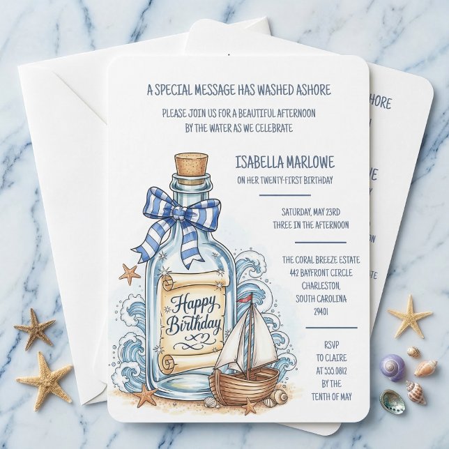 Message In Bottle Sailboat Birthday Invitation Einladung (Your coastal party starts here.)