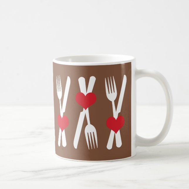 Messer & Gabel - Rote Herzen, Braun & Weiße Tasse (Rechts)