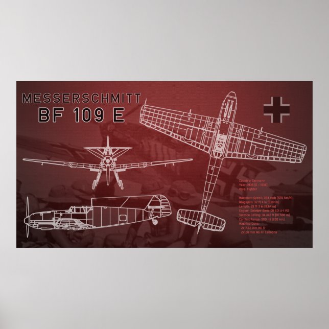 Messerschmitt Bf 109 Blueprint Poster (Vorne)