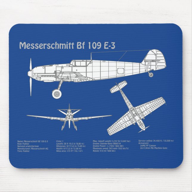 Messerschmitt Bf 109 - Flugzeug-Blueprint ABD Mousepad (Vorne)