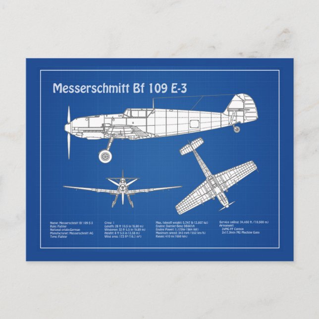 Messerschmitt Bf 109 - Flugzeug-Blueprint ABD Postkarte (Vorderseite)