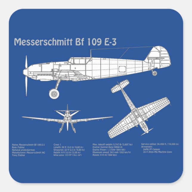 Messerschmitt Bf 109 - Flugzeug-Blueprint ABD Quadratischer Aufkleber (Vorderseite)