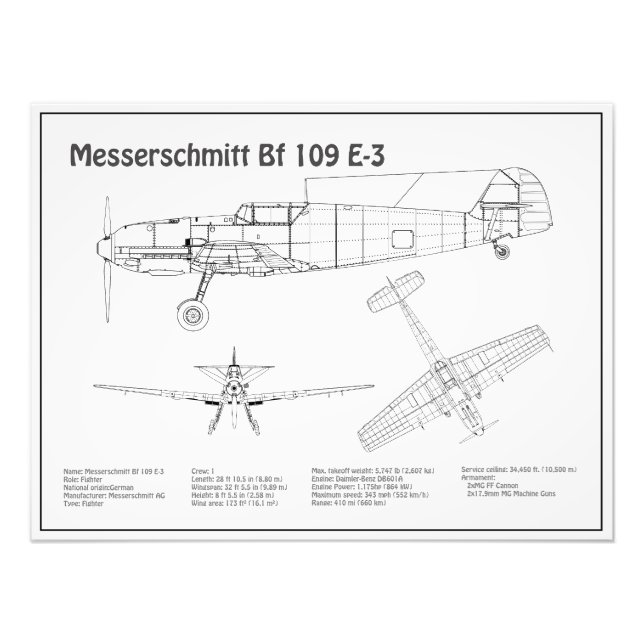 Messerschmitt Bf 109 - Flugzeug-Blueprint BD Fotodruck (Vorne)