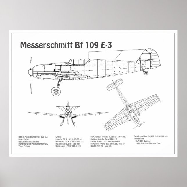 Messerschmitt Bf 109 - Flugzeug-Blueprint BD Poster (Vorne)