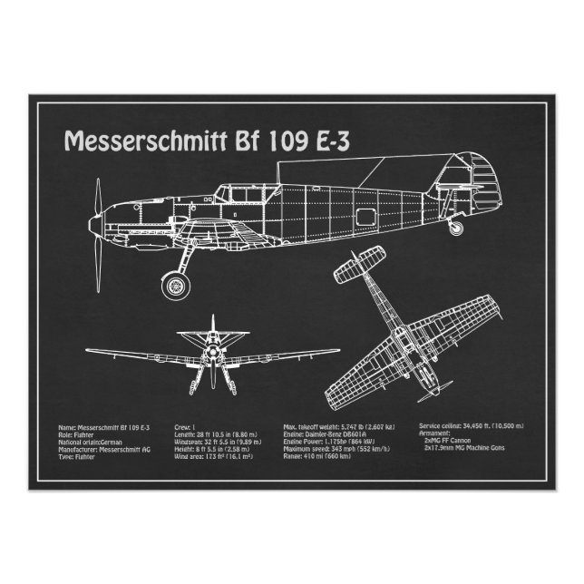 Messerschmitt Bf 109 - Flugzeug-Blueprint PD Fotodruck (Vorne)