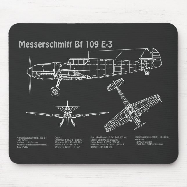 Messerschmitt Bf 109 - Flugzeug-Blueprint PD Mousepad (Vorne)