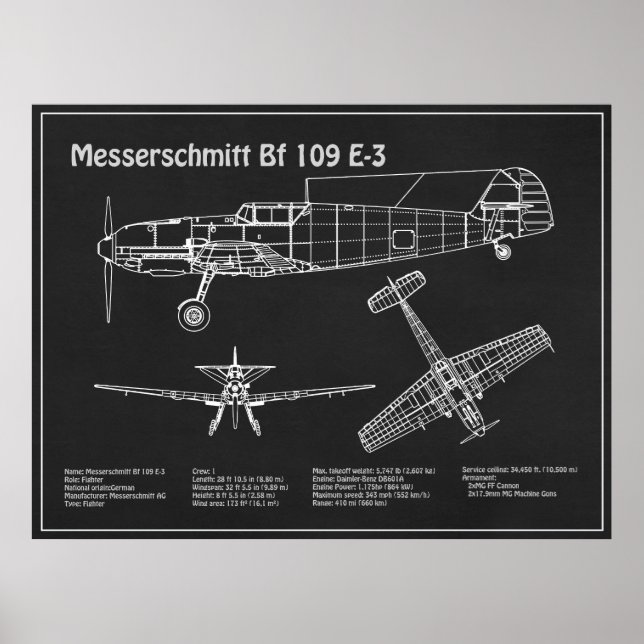 Messerschmitt Bf 109 - Flugzeug-Blueprint PD Poster (Vorne)