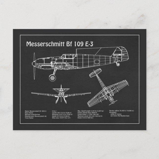 Messerschmitt Bf 109 - Flugzeug-Blueprint PD Postkarte (Vorderseite)