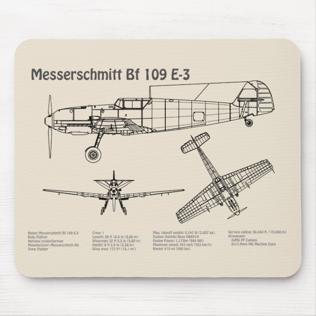 Messerschmitt Bf 109 - Flugzeug Blueprint SD Mousepad (Vorne)