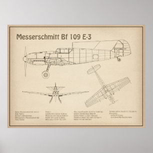 Messerschmitt Bf 109 - Flugzeug Blueprint SD Poster