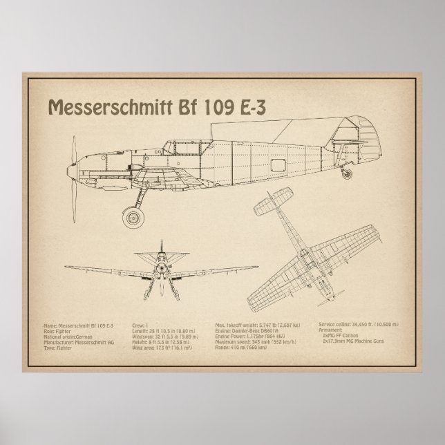 Messerschmitt Bf 109 - Flugzeug Blueprint SD Poster (Vorne)