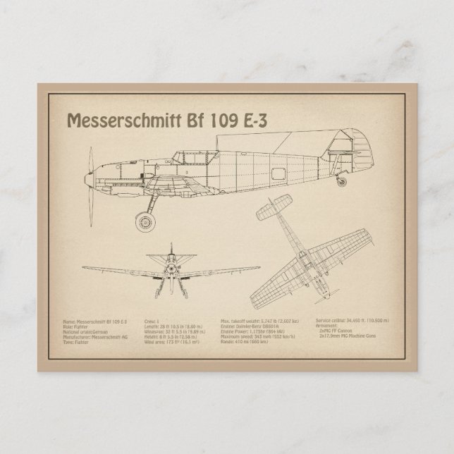 Messerschmitt Bf 109 - Flugzeug Blueprint SD Postkarte (Vorderseite)