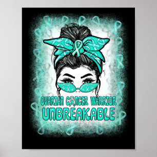 Messy Bun Aquamarin Ribbon Ovarian Cancer Warrior Poster
